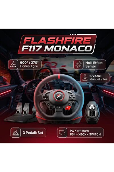 Flashfire F117 Monaco 900° / 270° Titreşimli Yarış Direksiyon Seti – Hall-Effect Sensör, 6 İleri Manuel Vites, 3 Pedallı – PC / PS4 / PS3 / Xbox Series X|S / Switch Uyumlu