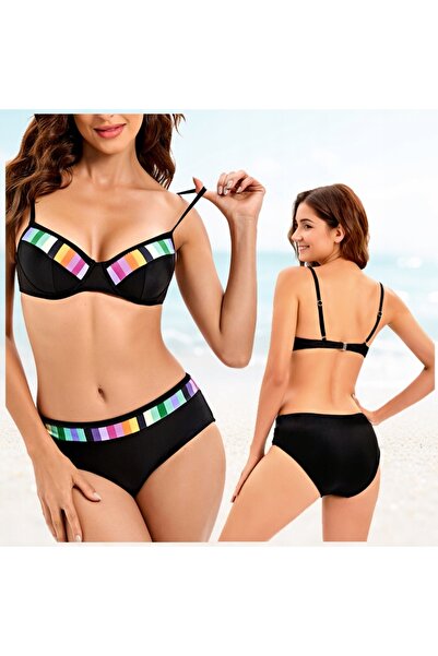 NO BRAND Costum de baie două piese pentru femei, negru, cu bureți, mărimea L.