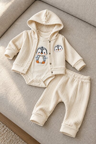 METEOR BABY Bebek Takımı Penguen Desenli Kapüşonlu Hırkalı 3’lü Alt Üst Takım...