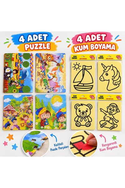 YLDZ Eğitici Çocuk Aktivite Seti - 4 Adet Puzzle ve 4 Adet Kum Boyama Seti - ...