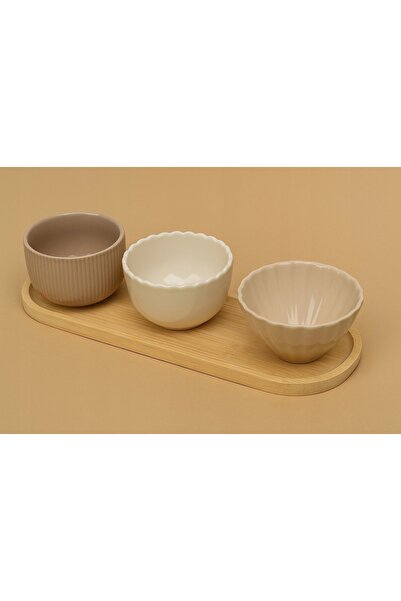 Excellent Houseware Set de 3 boluri ceramice pe o placă de servire din lemn 2...