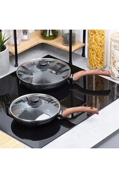 NO BRAND Set 2x tigăi GRANITE pentru prăjit și gătit, cu capac, 20 și 24 cm