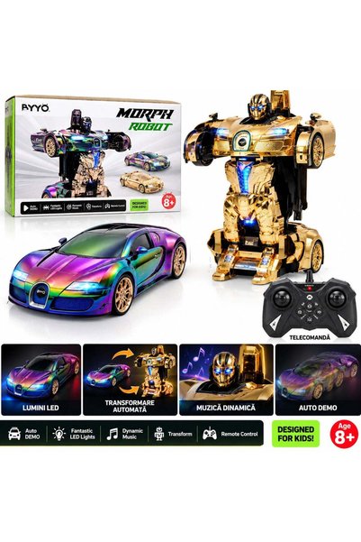 Issa Mașină RC electrică transformabilă în robot de 48cm, cu telecomandă, lumini LED, muzică și funcții automate
