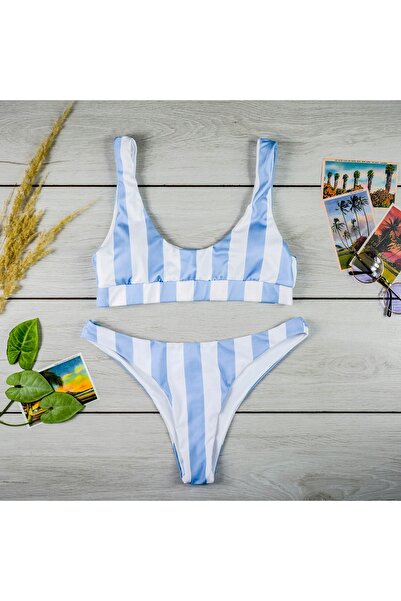 NO BRAND Costum de baie din două piese pentru femei, alb cu dungi albastre, s...