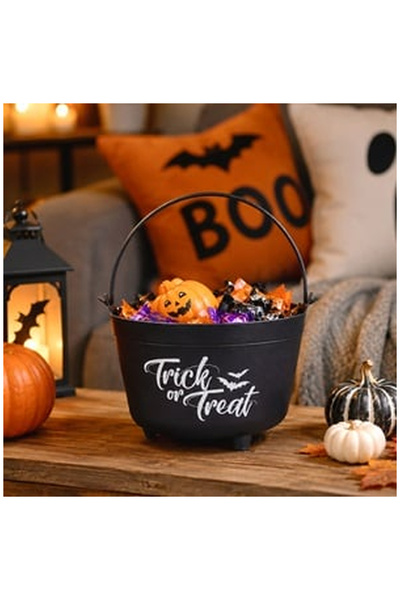OEM Black Plastic Halloween Cauldron with Handle "Trick or Treat" 29x23cm
