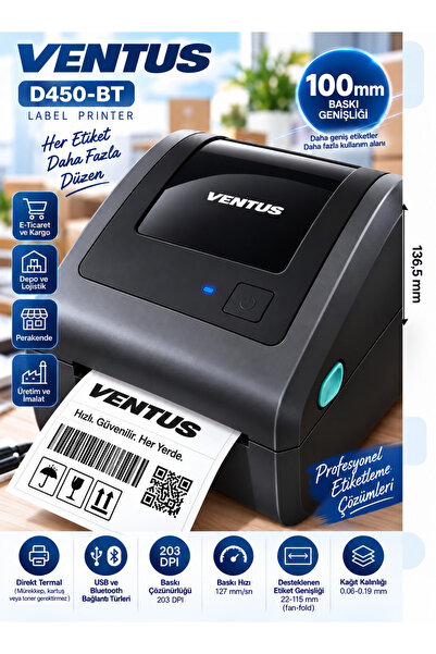 Ventus طابعة الملصقات الحرارية Aimo D450-BT بتقنية البلوتوث، 203 نقطة في البو...