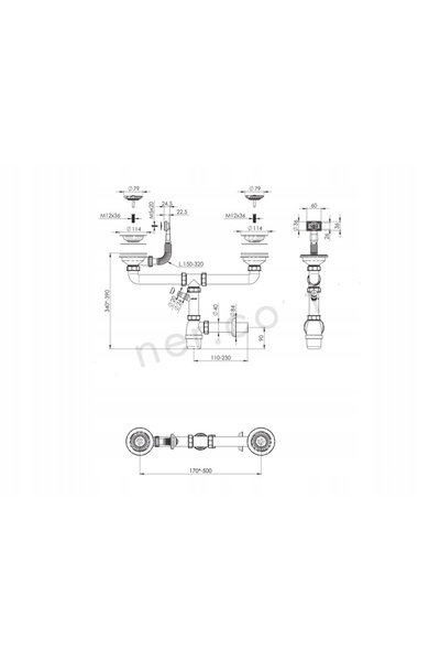Tycner Sifon chiuvetă cu două compartimente, cu filtre și preaplin de 90mm