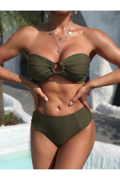 NO BRAND Costum de baie din două piese, elegant, verde kaki, bikini bandeau, S