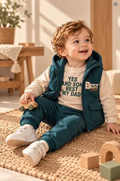 NOTA KİDS Baby Boy 3 Piece Set with Vest, Printed Sweatshirt and Sweatpants f...