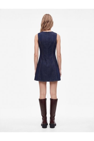 Koton Cotton Crew Neck Flounce Sleeveless Mini Denim Dress with Stitching Detail
