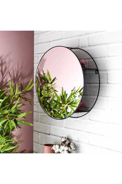 HowHomely Oglindă de perete cu etajeră LOFT ROUND 45 cm MARE decorativă NEAGRĂ
