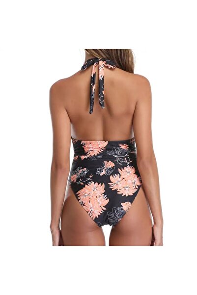 NO BRAND Costum de baie întreg, mărimea M, negru cu flori, modelator, tip halter