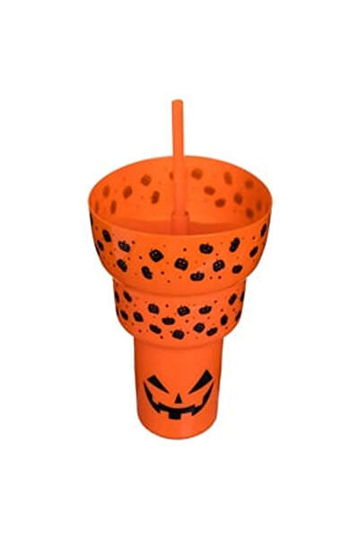 OEM Popcorn Drink Cup Cana Portocalie cu Dovleci Negru & Pai Ø14.5x22.5cm