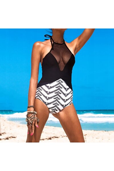 NO BRAND Costum de baie întreg alb și negru, monokini cu plasă