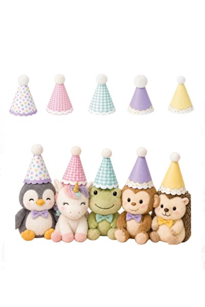 Öztürkpartievi Paper Hat with Mini Pompom, 5-Piece Macaron, Foil Spotted