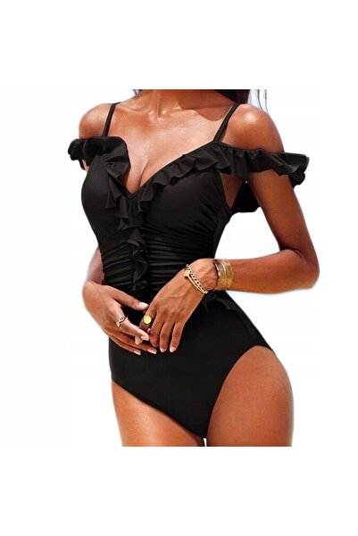 NO BRAND Costum de baie modelator întreg, negru, cu volane, L