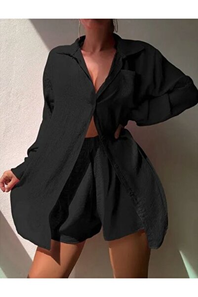NO BRAND SET DE PLAJĂ CĂMAȘĂ ȘI PANTALONI SCURȚI DE VARĂ NEGRU NEGRU XL