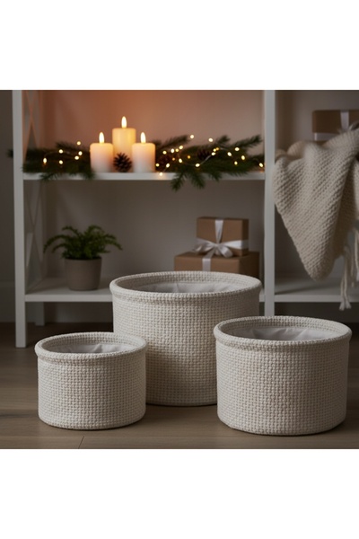 Home Styling Collection COȘURI ROTUNDE DE DEPOZITARE, ALBE, DIN POLIESTER, 3 ...