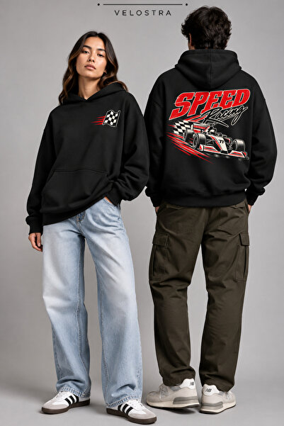 Velostra Unisex Φούτερ με κουκούλα, με στάμπα Speed Racing, μπροστινό και πίσ...