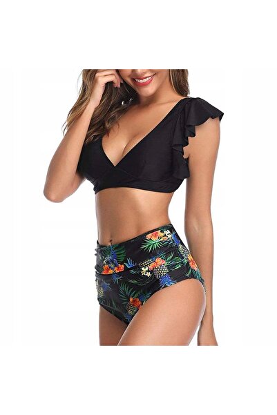 NO BRAND Costum de baie bikini din două piese cu volane, talie înaltă, modela...