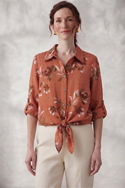 AYASOFYA OTANTIK Women's Italian Floral Patterned Front-Tie 100% Cotton Shirt...