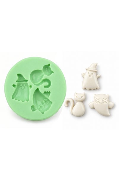 Kurdelya 3’lü Cadılar Bayramı Hayalet, Kedi ve Baykuş Figürü Silikon Kalıbı (2×3×0.7 cm – KK-2255)
