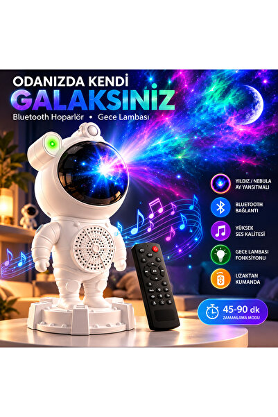 Teknoşık Astronot Galaksi Projektör Gece Lambası Bluetooth Hoparlörlü Yıldız ...