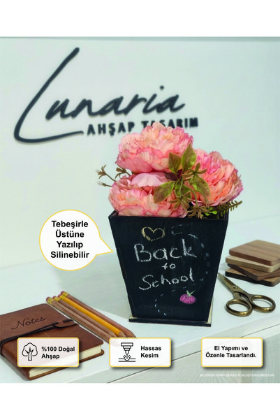 Öğretmenler Günü & Okula Dönüş Hediyesi Yazılıp Silinebilir Kara Tahtalı Ahşap Vazo