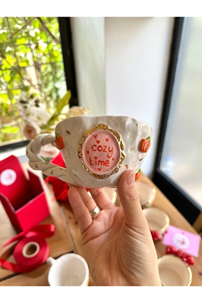 Kikis Ceramic Gerçek Altın Detaylı Cozy Time Balkabaklı El Yapımı Seramik Kupa