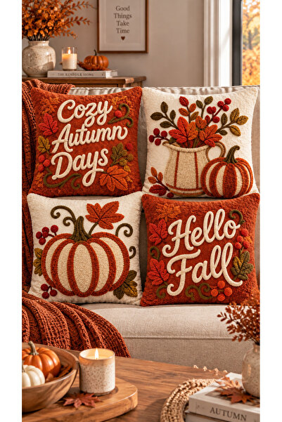 Nari Collections Autumn Days Punch Embroidery Look 4-Piece Throw Pillow Cover...