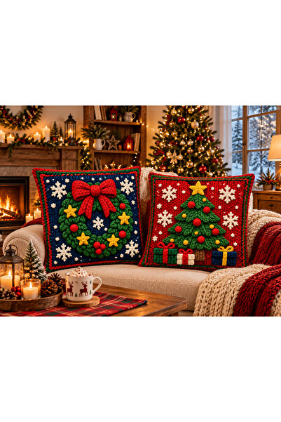 Sakallı Christmas Charm Christmas Tree and Wreath Patterned Red Navy Blue 3D ...