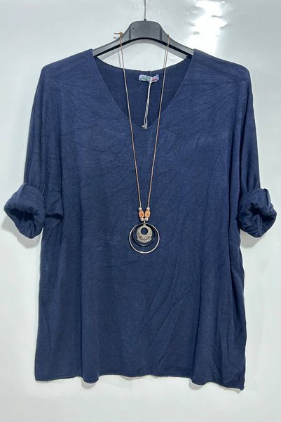 AYASOFYA OTANTIK Women's Italian Navy Blue V-Neck Oversize Loose Knitwear Blo...