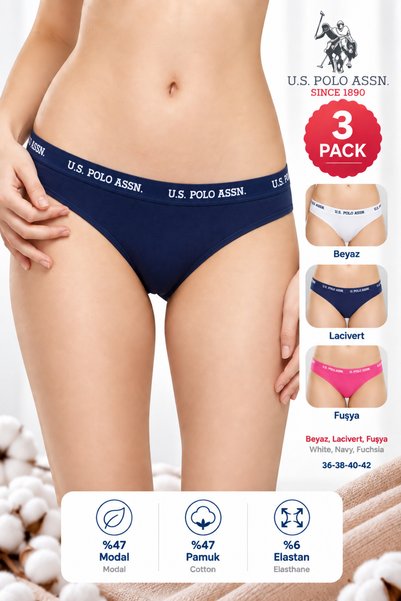 U.S. Polo Assn. Women'S, Licensed, Uspa, 47% Modal, 47% Cotton, 6% Elastane, Wide Logo Elastic, Slip Panties, Colorful, Set of 3