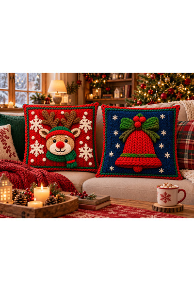 Sakallı Merry Reindeer Christmas Deer and Bell Patterned Red Navy Blue 3D Kni...