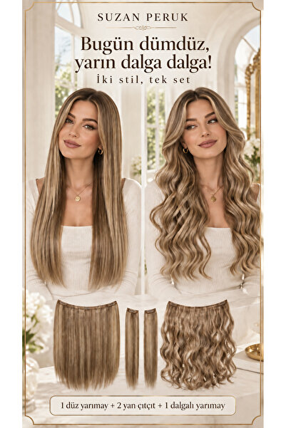 Suzan Peruk Yarımay Çıtçıt 4 parça Full set HEM DÜZ HEM DALGALI HEPSİ BİR SET...