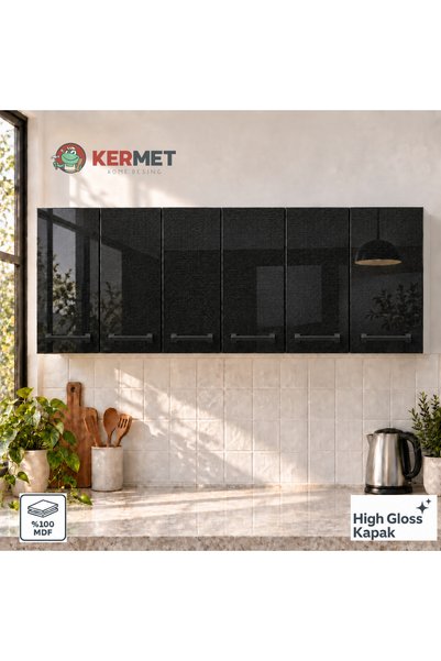 KermetHome 180 cm %100 MDF Mutfak Üst Dolabı 6 Kapaklı Raflı Siyah Hasır