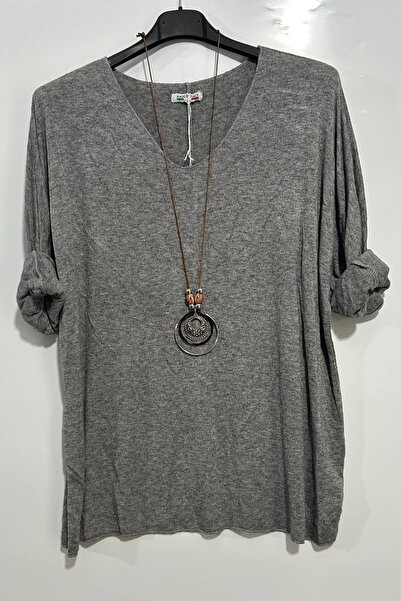 AYASOFYA OTANTIK Women's Italian Gray V-Neck Oversize Loose Knitwear Blouse w...