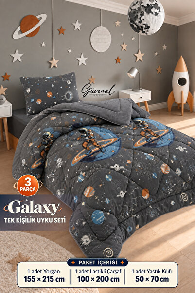 Güvenal GALAXY | Uzay Desenli Wellsoft Çift Taraflı Tek Kişilik Lastikli Çarş...