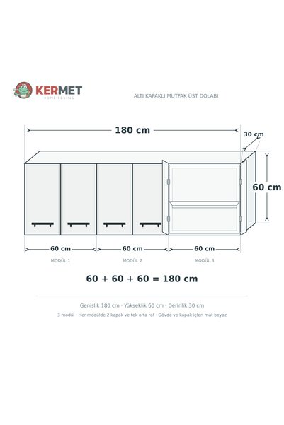 KermetHome 180 cm %100 MDF Mutfak Üst Dolabı 6 Kapaklı Raflı Haki Gri