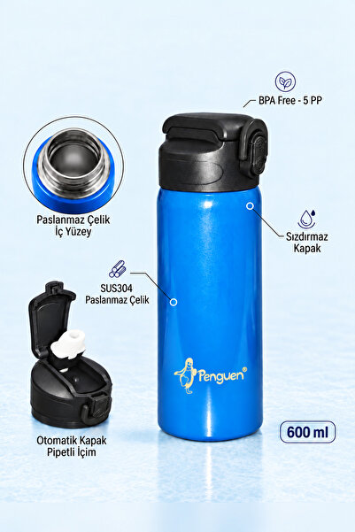 Penguen 600 ml Çelik Su Matarası Sporcu Matarası Çocuk Pipetli Çelik Suluk Sı...
