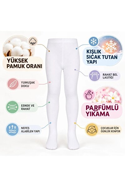 TeOraStore Çocuk Beyaz Külotlu 3'lü Çorap Yüksek Pamuklu Kışlık Parfümlü Yumuşak Dokulu Esnek Rahat