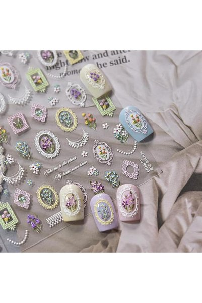SYOSI Vintage Flower Nail Stickers, 5D Embossed 3D Self-Adhesive Floral Nail ...