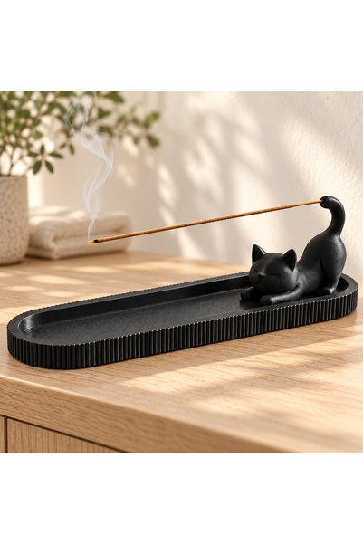Src 3D Kedi Figürlü Tütsülük ve Kül Tepsisi – Dekoratif Tütsü Çubuğu Tutucu