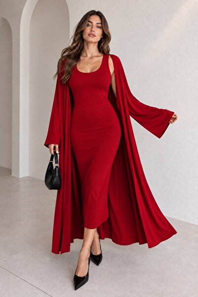 ARK MAĞAZALARI U-Necklace Sleeveless Dress and Cardigan Two-Piece Set