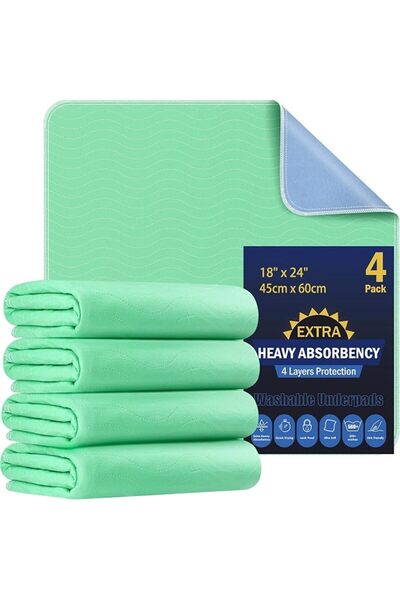 EXCEFORE 4 Pack Washable Underpads 18" x 24", Heavy Absorbency Reusable Incon...