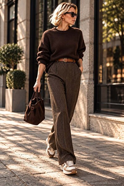 ibeeka Oxford Check Palazzo Ekose Desen Pantolon