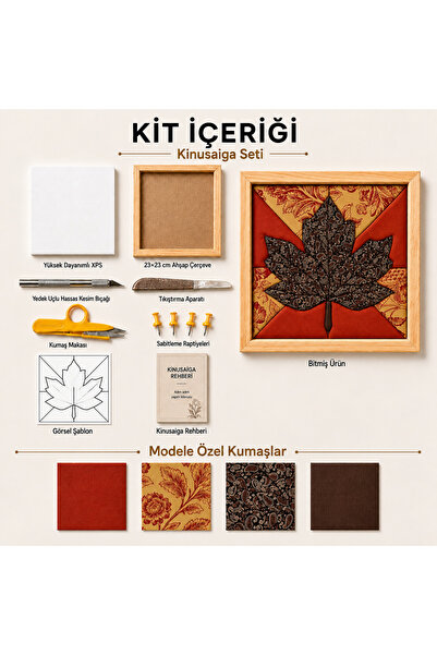 Sonbahar Yaprak Kinusaiga Kumaş Tablo Hobi Kiti, Çerçeveli Kendin Yap Seti 23x23 cm