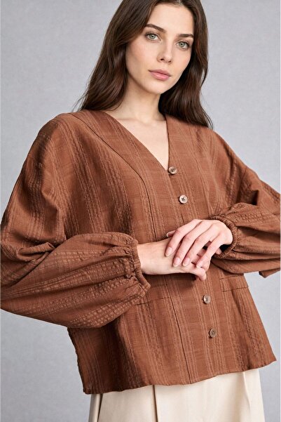DeFacto V-Neck Buttoned Relax Fit Jacquard Long Sleeve Tunic H3263Ax26Au