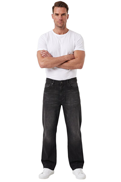DeepSEA Erkek Baggy Fit Likralı Siyah Kot Pantolon – Bol Kesim Geniş Paça Taşlanmış Jean 2600058
