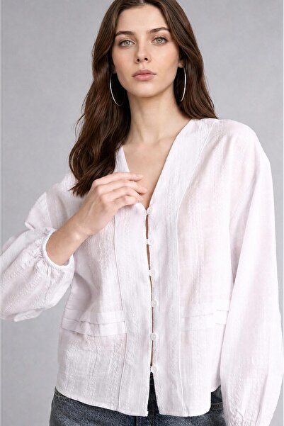 DeFacto V-Neck Buttoned Relax Fit Jacquard Long Sleeve Tunic H3263Ax26Au